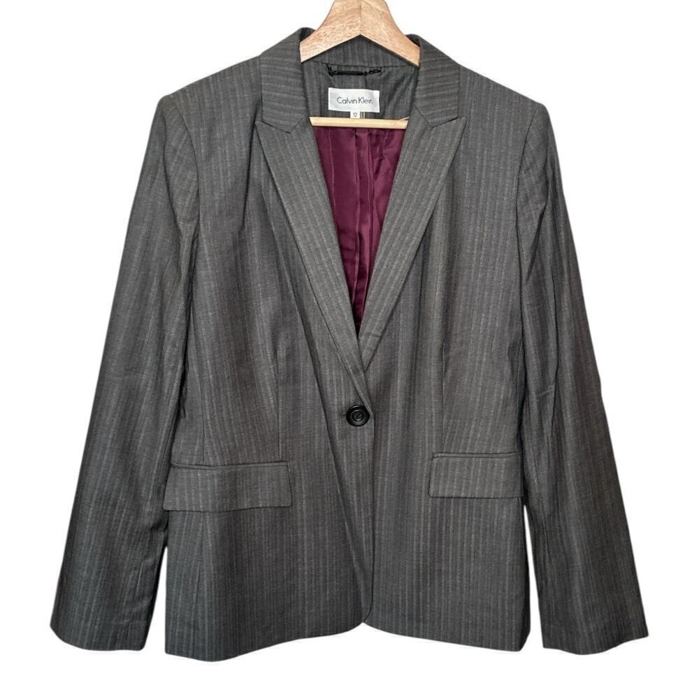 Calvin Klein Gray Pinstripe Single Button Blazer Jacket Size 12 Career